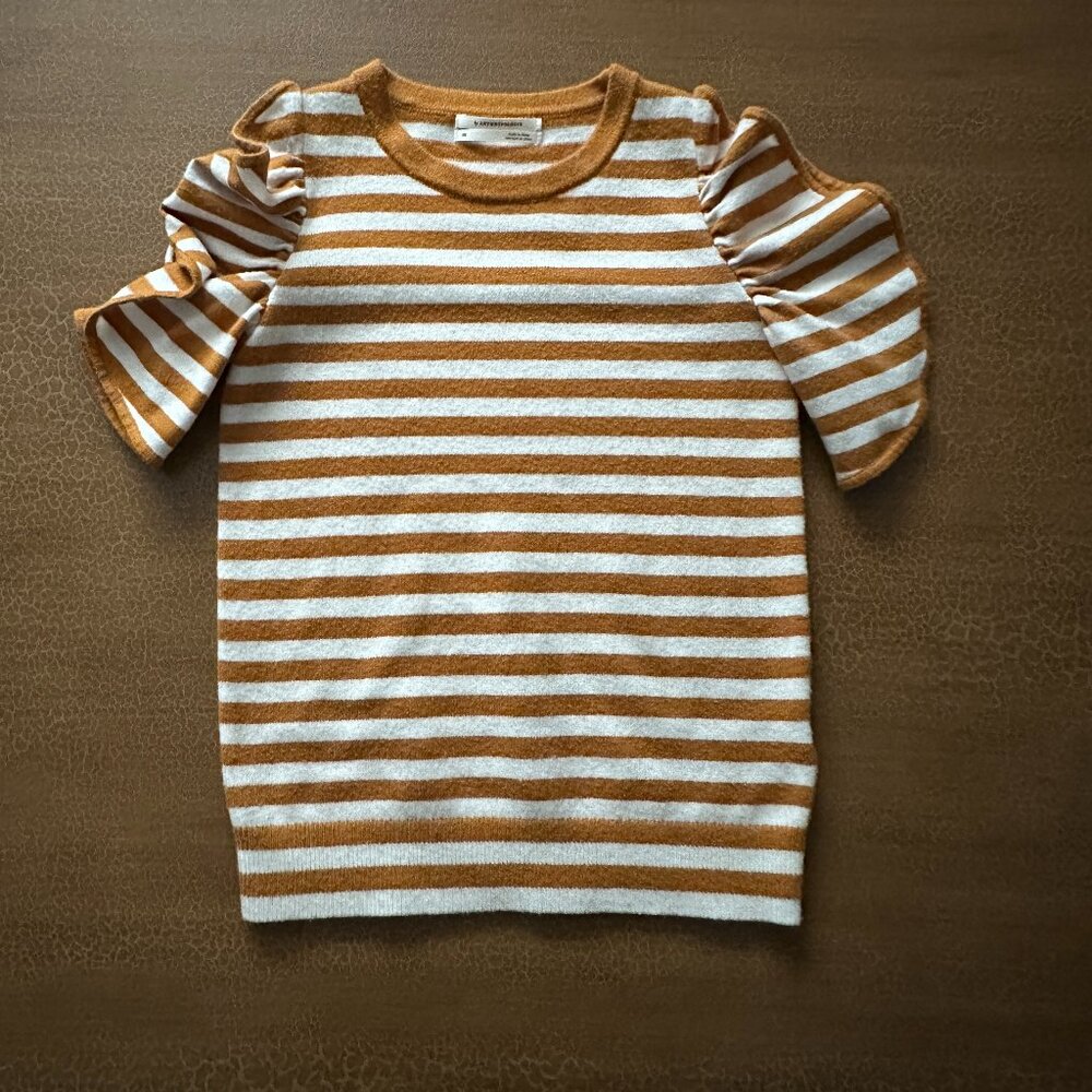 Anthropologie Short Flutter Sleeve Sweater Mustard White Stipe - Size XS
